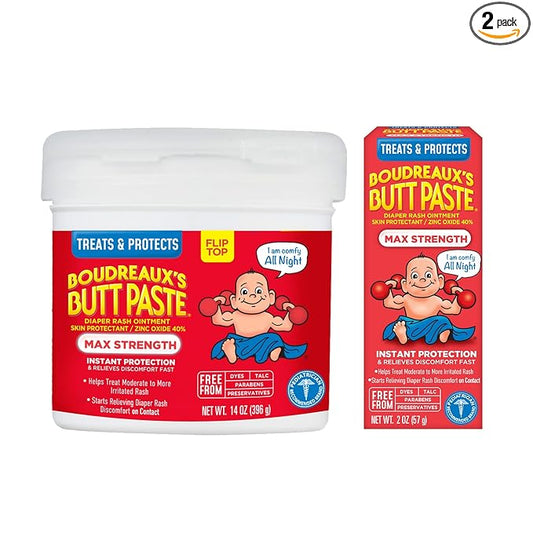 Boudreaux's Butt Paste Maximum Strength Diaper Rash Cream, Ointment for Baby, 2 oz Tube & 14 oz Jar