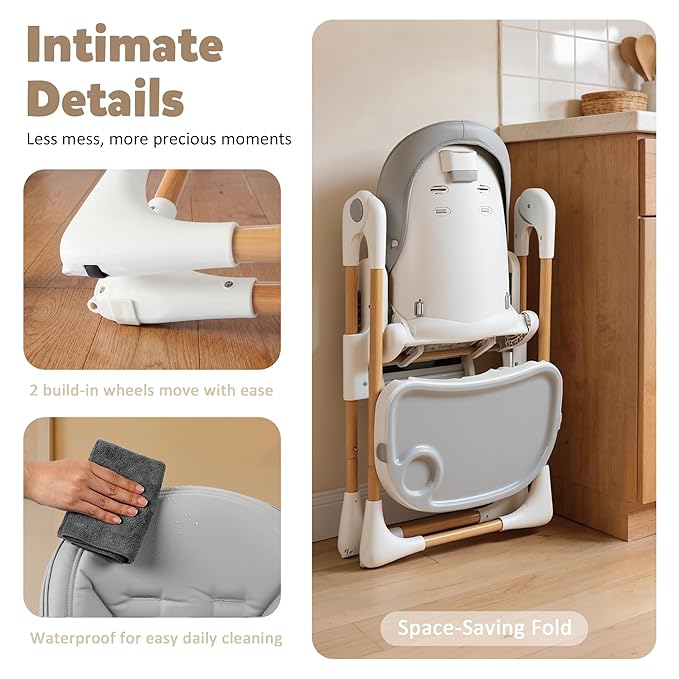 TODEFULL 3 in 1 Foldable Baby High Chair, Infant High Chairs for Babies and Toddlers, 6 Height & 5 Recline Adjustable Toddler Feeding Chair, 2 Tray Depth & 3 Footrest Angles, 2 Built-in Wheels, Black