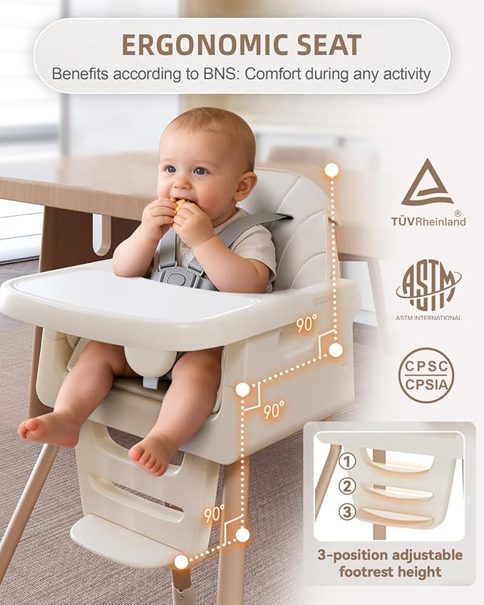 Baby High Chair for 6 Months+, Foldable High Chairs for Babies and Toddlers, Convertible High Chair, Adjustable Tray & Footrest, Portable High Chair & Easy to Clean(White with Wood Grain)