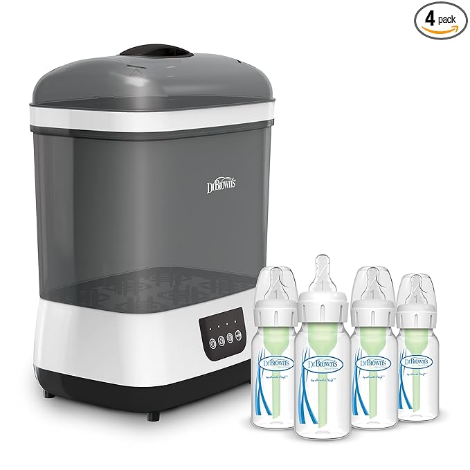 Dr. Brown’s Natural Flow Anti-Colic Options+ Narrow Baby Bottles 4 oz/120 mL, with Level 1 Slow Flow Nipple, 4 Pack, 0m+ and Clean Steam Baby Bottle and Pacifier Sterilizer and Dryer