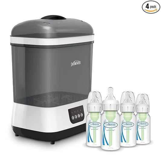 Dr. Brown’s Natural Flow Anti-Colic Options+ Narrow Baby Bottles 4 oz/120 mL, with Level 1 Slow Flow Nipple, 4 Pack, 0m+ and Clean Steam Baby Bottle and Pacifier Sterilizer and Dryer