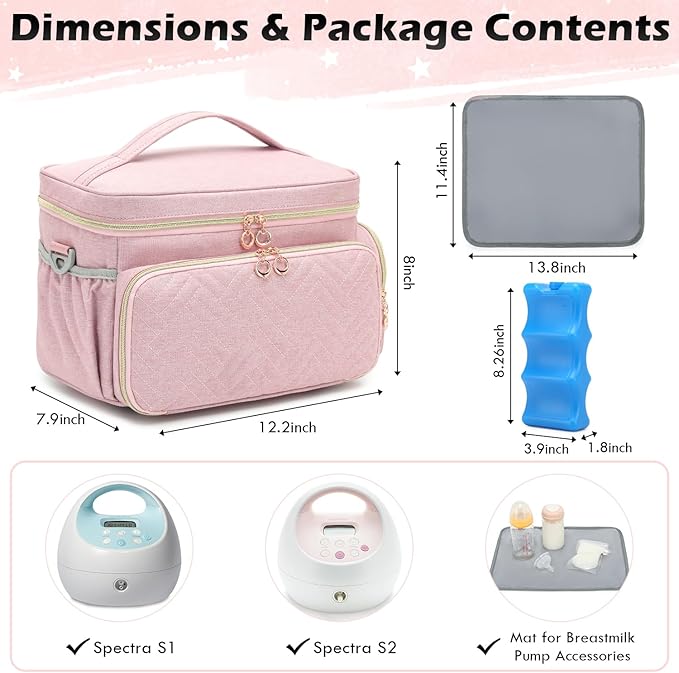Breast Pump Bag Fit for Spectra S1 and S2 - Pumping Bag with Ice Pack & Waterproof Mat, Portable Breast Pump Storage Bag for Work, Travel and Family Use, Pink