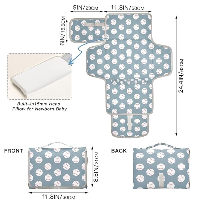 Baseball Blue Portable Diaper Changing Pad with Wipes Holder, American Sport Championship Patch Foldable Baby Diaper Changer Travel Bag Baby Changing Mat with Built-in Pillow for Newborn