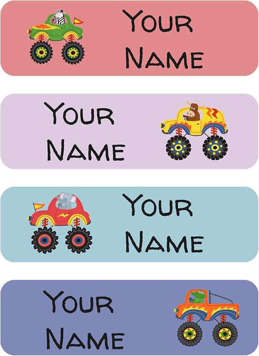128 Monster Trucks Custom Kid Name Label for Daycare, Waterproof Dishwasher Safe, Personalized Name Sticker for Camp, School Supply, Baby Bottle, Lunch Boxes, Water Bottle, Cups(Pattern 3)