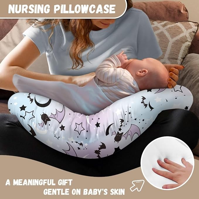 Moon and Cartoom Bats Baby Nursing Pillow Cover Baby Breastfeeding Slipcover Infant Newborn Nursery Bottle Pillowcase Stretchy Replaceable Pillow Cover Slipcover Halloween Decor