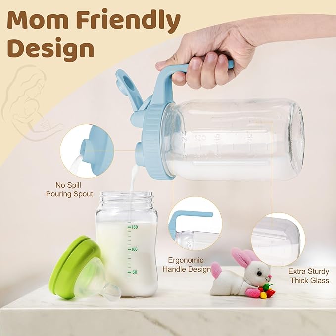 AoeJarry Breast Milk Pitcher with Leak Proof Flip Cap & Pour Spout, 32 oz Wide Mouth Mason Jars for Breast Milk Storage Container, Glass Picther with Lid for Cold Brew Coffee, Sun Tea, Juices, Green