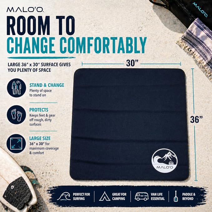 Malo’o Changing Mat – 4mm Neoprene Waterproof Surf Changing Mat, 36” x 30” Portable Wetsuit Changing Pad with Mesh Storage Bag, Quick-Dry Outdoor Mat for Beach, Camping, Van Life & Travel