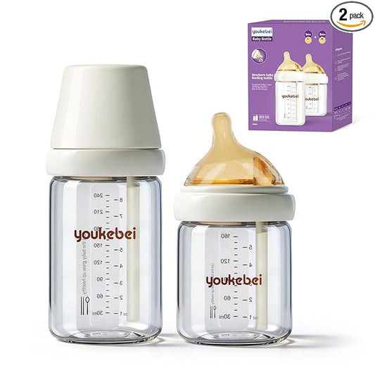 Natural Nursing Glass Baby Bottle - with Anti-Colic Vent System - BPA-Free, 5 oz and 8 oz with Slow Flow(S) & Medium Flow (M) Nipple, 3 Months+, 2 Pack