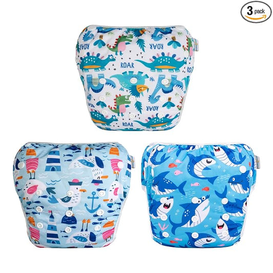 Babygoal Baby Boy Swim Diapers 3 Pack for 8M-3T Babies and Toddlers, Reusable Adjustable Washable for Swimming Lessons-Dinosaur,Shark,Fish