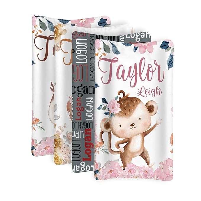 Custom Changing Pad Cover Set - Jersey Knit Comfy CozyUltra Soft Unisex Diaper Changing Table Covers with Personalized Name for Baby Boys Girls - Waterproof Ultra Soft 4 Pcs Set Style14