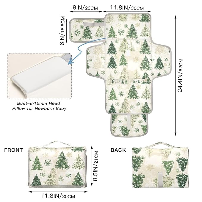 Portable Diaper Changing Pad Travel Baby Changing Mat Waterproof Diaper Changing Mat Foldable Lightweight Baby Changer with Built-in Pillow Tree Green Christmas