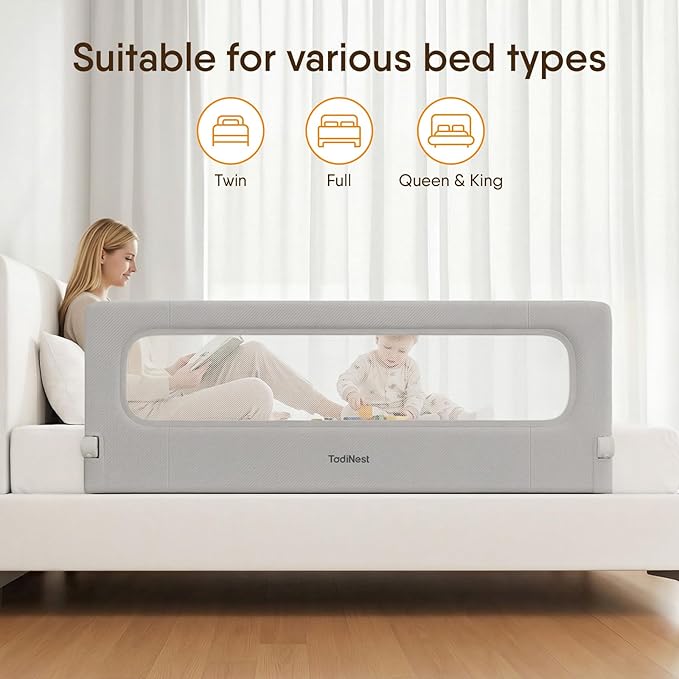 Folding Bed Rail for Toddlers, Baby Bed Rail Guard with Reinforced Anchor Safety System, Toddler Bed Rails for King Size Beds, Twin, Full, Queen (Grey, 59" L x 21.6" H)