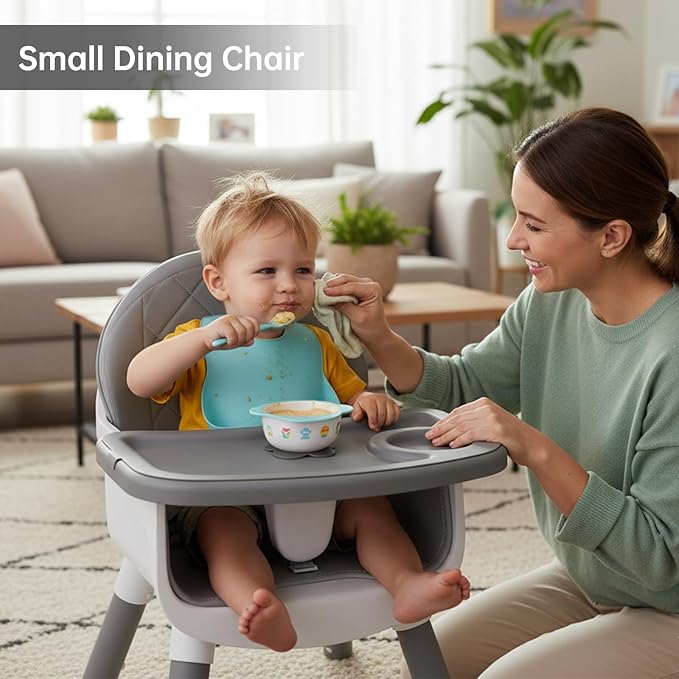 6-in-1 Convertible Baby Highchair, Booster Seat, Toddler Chair & Building Block Table, with Removable Tray, Easy Clean Cushion & 5-Point Harness (Grey)