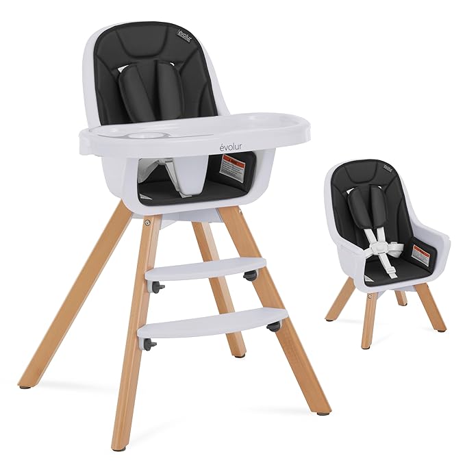 Evolur Zoodle 2-in-1 High Chair for Baby & Toddler – Convertible High Chair to Toddler Chair, Padded Seat, 5-Point Safety Harness, Dual Dishwasher-Safe Trays, Solid Beechwood Legs – Black