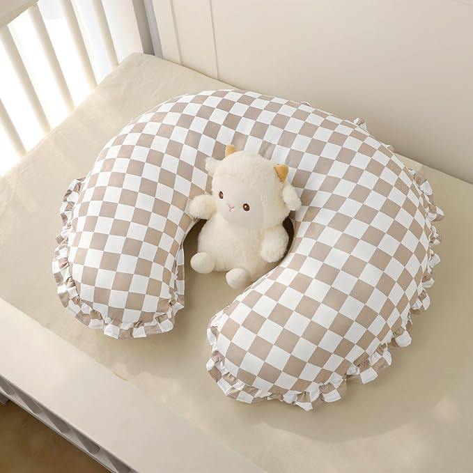 DILIMI Nursing Pillow Cover, Removable Ruffled Pillowcase for Breastfeeding Pillows, Ultra Soft Comfortable Slipcover for Baby Girl and Boy, Coffee Gingham