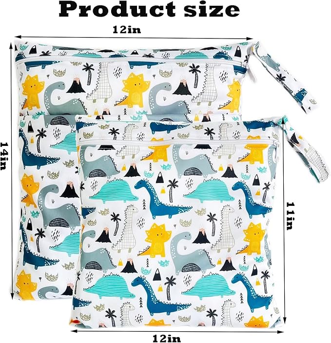 Wet Dry Bag for Cloth Diapers, 2PCS Waterproof Reusable Wet Bag with Zippered Pockets, Washable, Reusable for Travel, Beach, Pool, Stroller, Diapers, Dirty Gym Clothes, Swimsuits, 14x12In & 12x11In