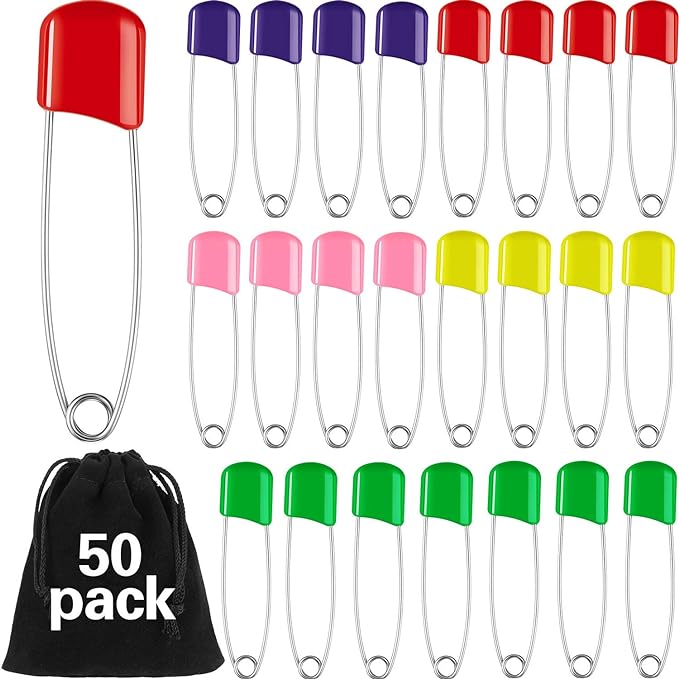 50 Pieces Diaper Pins Safety 2.2 Inch Plastic Head Cloth Diaper Nappy Pins with Locking Closures Stainless Steel with Velvet Bag(Colorful)