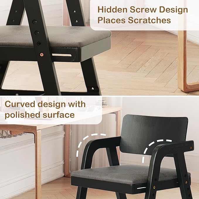 Solid Wood High Chair for Toddlers to Teens, Adjustable Height Toddler Dining Chair, Easy to Clean Toddler Highchair with Removable PU Cushion for Dining, Studying, Step Stool, Black