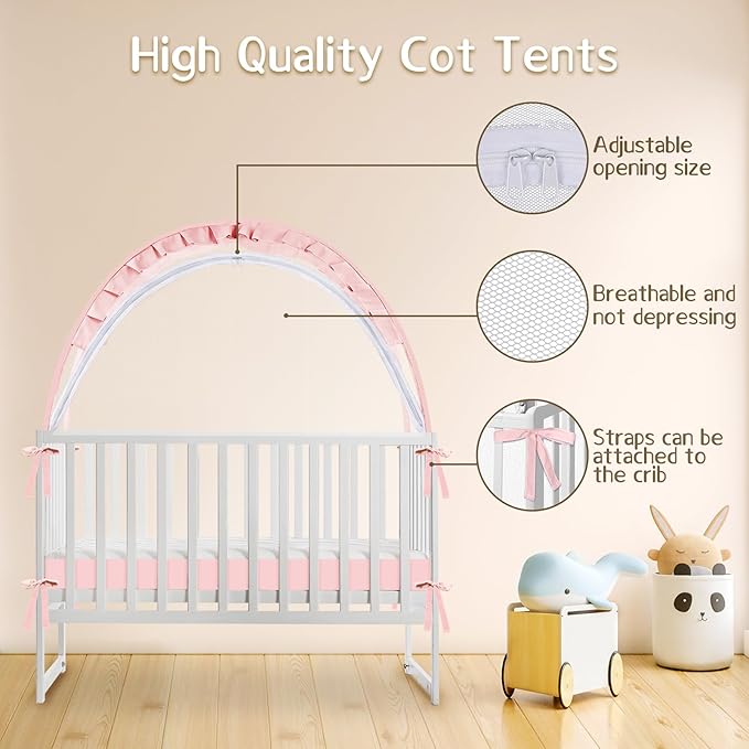 Crib Tent to Keep Baby from Climbing Out - Mesh Pop Up Climbing Prevention With Two-Way Self-Locking Metal Zipper (Pink, Lager)