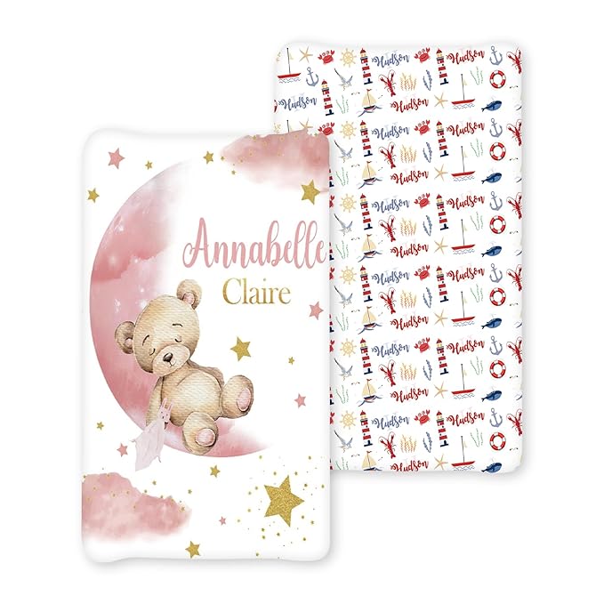 Personalized Toddler Changing Pad Cover - Custom 2 Piece Comfortable Cute Bear Print Changing Pad Covers for Baby Boys and Girls, Birthday Gift for Toddlers