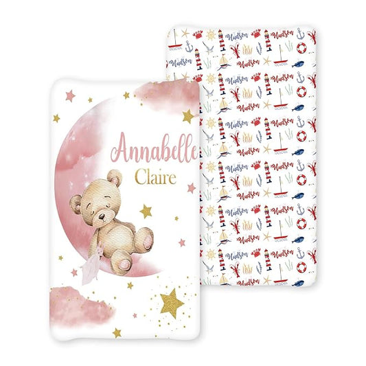 Personalized Toddler Changing Pad Cover - Custom 2 Piece Comfortable Cute Bear Print Changing Pad Covers for Baby Boys and Girls, Birthday Gift for Toddlers