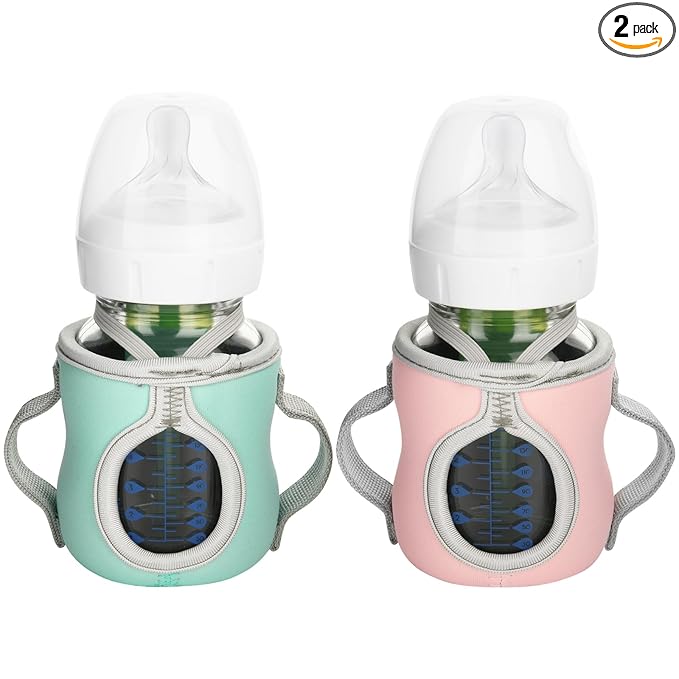 Beautyflier Glass Baby Bottle Sleeve Covers for Dr. Brown's Natural Flow Anti-Colic Wide-Neck Glass Baby Bottles, 3.3mm Thicken Heat and Cold Retention Baby Bottle Sleeve (Pink + Green, 5oz/150 mL)