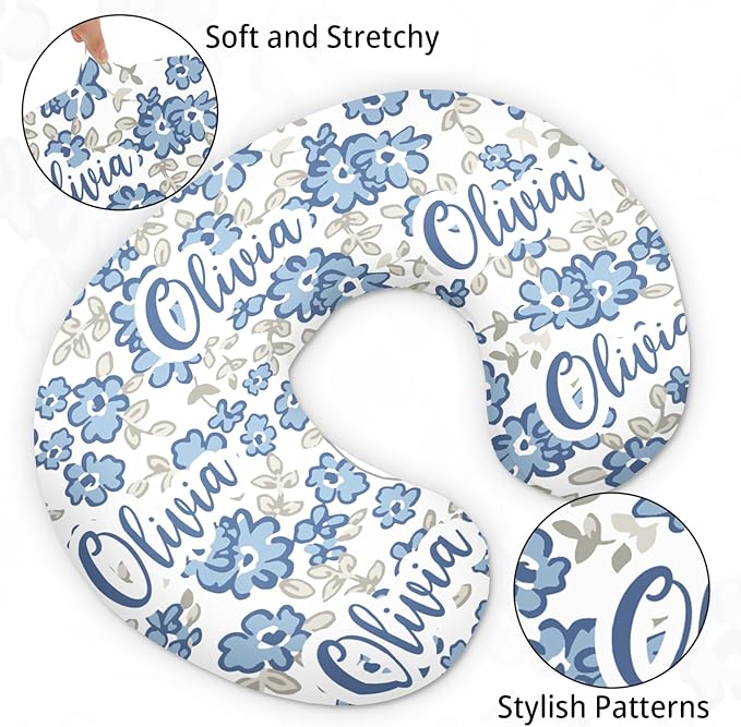 Customizable Flowers Baby Nursing Pillow Cover - Add Your Baby's Name, Ultra-Soft Stretch Fabric, Fits Standard Nursing Pillows, Ideal for Baby Showers Style 22