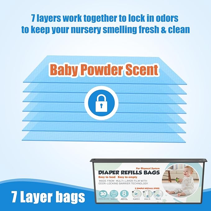 Diaper Pail Refills Bags with 30 Bags (Baby Powder Scent) Compatible with Genie Easy Roll Signature and Platinum Diaper Pails, 7-Layer Odor-Barrier Technology 3 Pack (90 Bag)