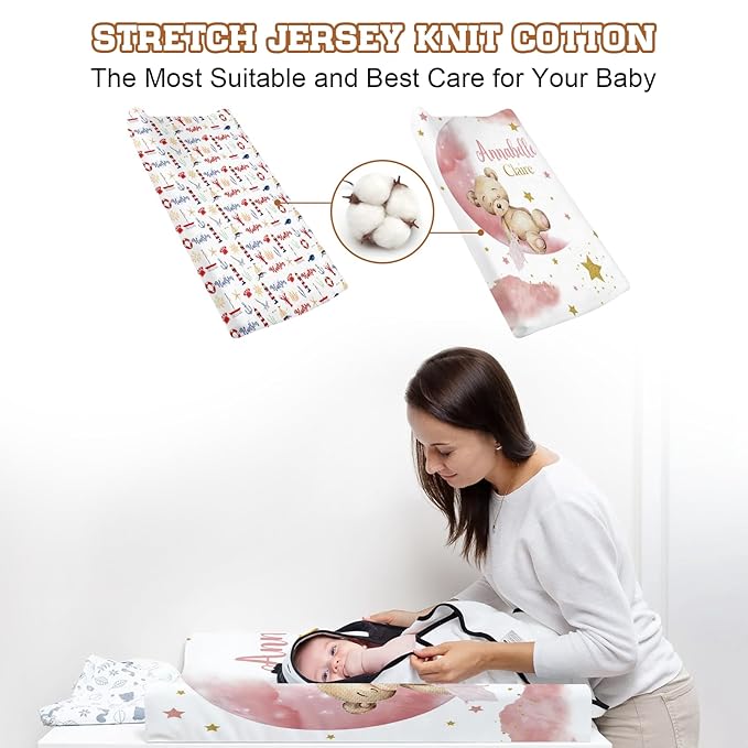 Personalized Toddler Changing Pad Cover - Custom 2 Piece Comfortable Cute Bear Print Changing Pad Covers for Baby Boys and Girls, Birthday Gift for Toddlers