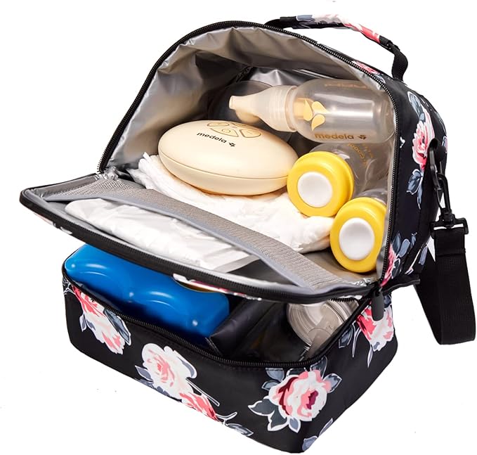 Breast Pump Bag Cooler Compartment for Breast Pump - Cooler and Moistureproof Bag Double Layer for Mother Breast Milk Pump Lunch Bag Outdoor Working (Flower)