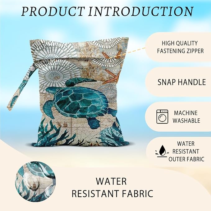 2Pcs Turtle Wet Bags 12x10 Inch, Shells Starfish Waterproof Wet Dry Bags, Sea Weed Washable Travel Laundry Bag for Swimsuit Beach Diapers Dirty Yoga Gym Clothes, Sea Turtle Gifts for Women Friend
