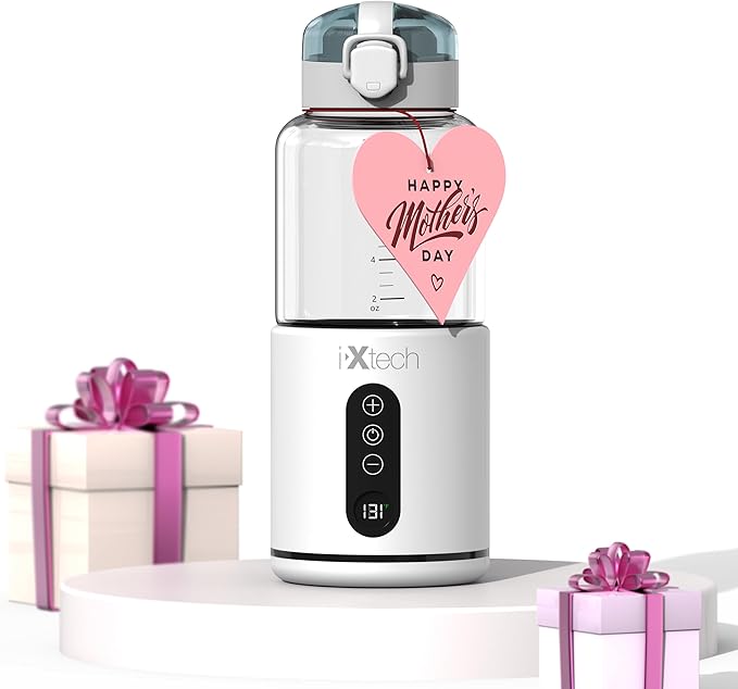 IXTECH Portable Water Warmer for Travel, Instant Breastmilk, Baby Formula, Water, Portable Bottle Warmer, 10., Ounces with Adjustable Temperature Control, Rechargeable and Wireless.