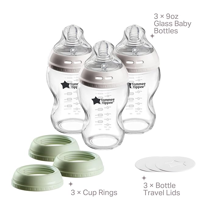 Tommee Tippee Natural Start 9 oz Glass Baby Bottles, Self Sterilizing, BPA & Phthalates Free, 0+ Months, Slow Flow Breast-Like Nipple for a Natural Latch, Travel Jar Lids, Cup Rings, Pack of 3