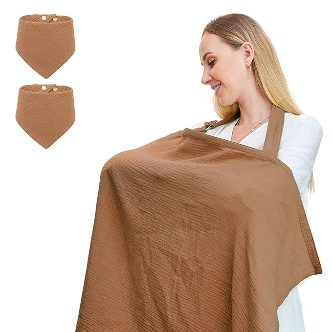 Muslin Nursing Cover for Breastfeeding, Breathable 100% Cotton Privacy Nursing Covers with Rigid Hoop for Mother Nursing Apron, Include Two Baby Bibs, Soft Arch Neckline Nursing Apron