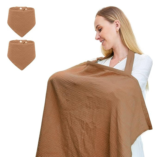 Muslin Nursing Cover for Breastfeeding, Breathable 100% Cotton Privacy Nursing Covers with Rigid Hoop for Mother Nursing Apron, Include Two Baby Bibs, Soft Arch Neckline Nursing Apron