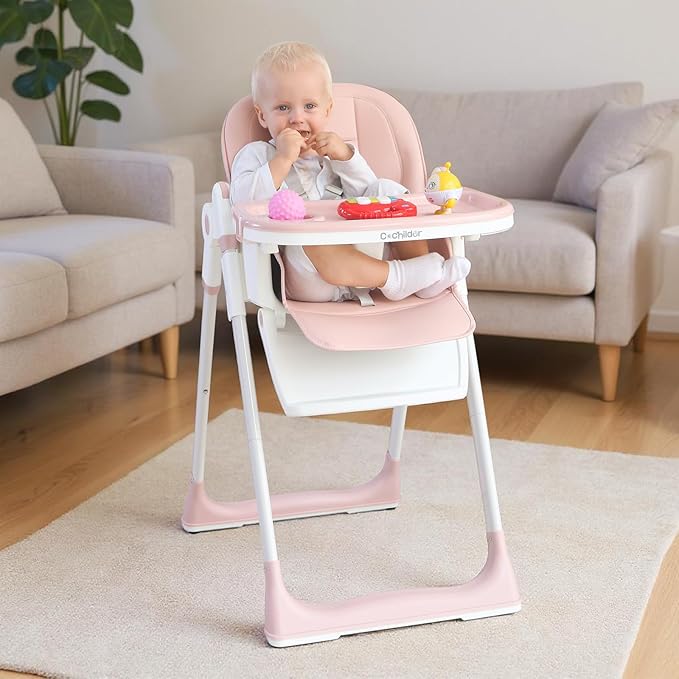 Cochildor 3-in-1 Foldable High Chair for Babies & Toddlers – Adjustable Height, Reclining Seat, 5-Point Safety Harness, Removable Tray, Lockable Wheels, Washable Cushion – Portable & Easy Clean, Pink