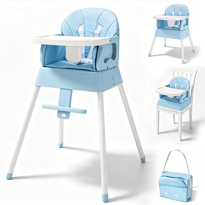 5 in 1 Foldable Baby High Chair,Convertible Highchair for Babies and Toddlers-Portable Infant Booster Seat,Carry Small Box,Dining Chair,Toddler High Chair with 5-Point Harness,Removable Tray-Blue