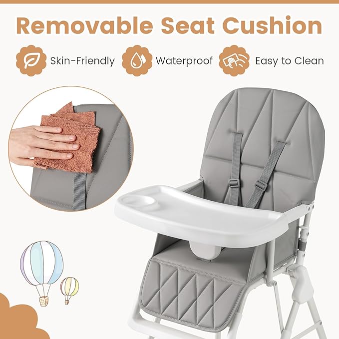 HONEY JOY High Chair, Foldable Baby Feeding Chair, Adjustable Tray & Footrest, Removable Easy-to-Clean PU Seat Cushion, 5-Point Harness, Cup Holder, Highchairs for Babies and Toddlers (Gray)