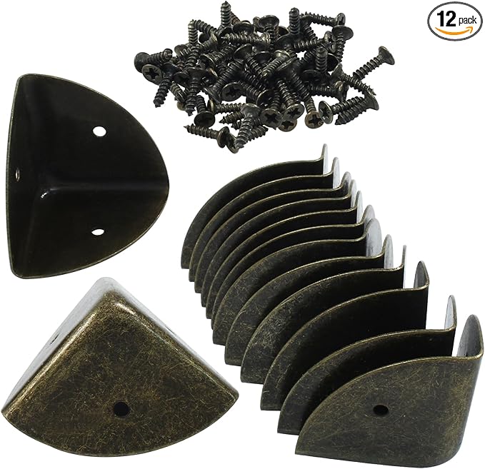 12 Pcs Metal Corner Protectors Antique Bronze Edge Guard Furniture Edge Corner Cover Angle Corner Brackets with Mounting Screws for Box Table Cabinet(1.6"x1.6"x1.6")