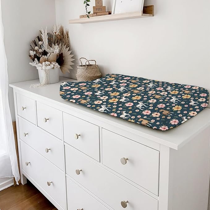 Watercolor Horse Boho Floral Changing Pad Cover Cute Horses Baby Diaper Change Table Pad Cover for Boys Girls Soft Breathable Stretch Snug Fitted Diaper Changing Mat Sheets Covers 32''x16'' Navy