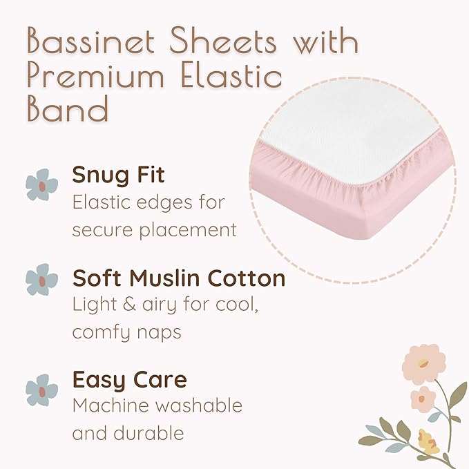 Baby Bassinet Sheets Girls – 100% Cotton Muslin Bassinet Sheets, 2 pc Bassinet Mattress Sheets, 32"x16"x 4", Oeko-TEX Certified, Bedside Bassinet Sheet (Pink)