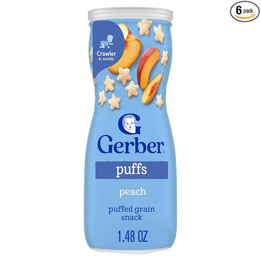 Gerber Stage 3 Baby Snacks, Peach Puffs, Puffed Grain Snack, Baby Led Feeding, Iron & Choline, Puffs Snacks for Babies, 6-Pack