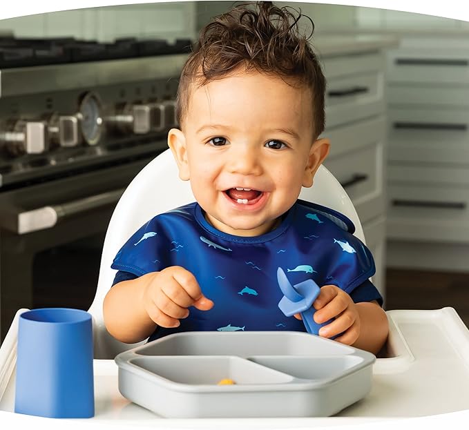 Tiny Twinkle Silicone Suction Baby Plate, Suction Grip Divided Dish for First Foods and Self-Feeding Toddlers, Baby Led Weaning Supplies for Independent Eating (Grey Plate with Lid)