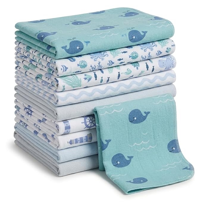 EVERYDAY KIDS 12 Pack Burp Cloths for Baby Boy; Newborn Essential with - Large Absorbent Cotton Flannel Blue/Teal Burping Cloths for Babies with Ocean, Sea Shells, Sailboats and Fish Prints and Solids