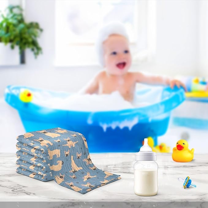 vvfelixl Baby Cotton Washcloths French Bulldog Pug Infants Bath Towel for Unisex Puppy Face Towels for Newborn, Natural Baby Wipes Delicate Skin, 11.8 X 11.8 inch, one sizex3
