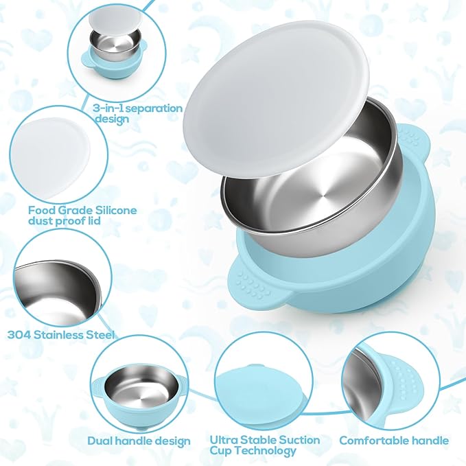 Mity rain Stainless Steel & Silicone Toddler Plates and Bowls Set with Suction,5-Piece Suction Plates & Bowls for Toddler,Removable Shell,Silicones Baby Plates for Independent Eating(Light Blue) ﻿