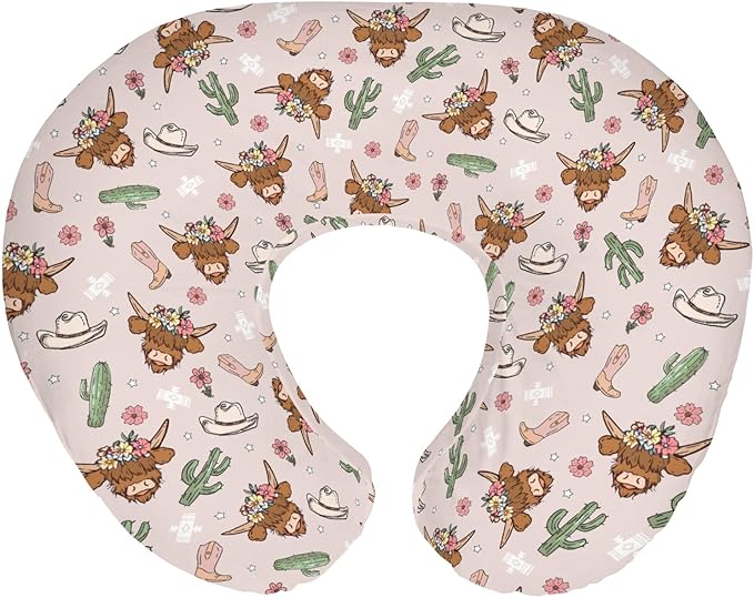 Highland Cows Cactus Baby Nursing Pillow Covers for Boy Girl Pink Western Cowgirl Boots Hats Yak Floral Nursery Pillowcase for Breastfeeding Pillows Wild West Soft Stretchy Slipcovers for Newborn