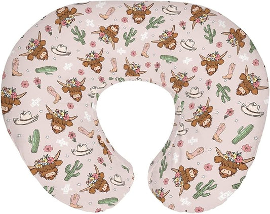 Highland Cows Cactus Baby Nursing Pillow Covers for Boy Girl Pink Western Cowgirl Boots Hats Yak Floral Nursery Pillowcase for Breastfeeding Pillows Wild West Soft Stretchy Slipcovers for Newborn