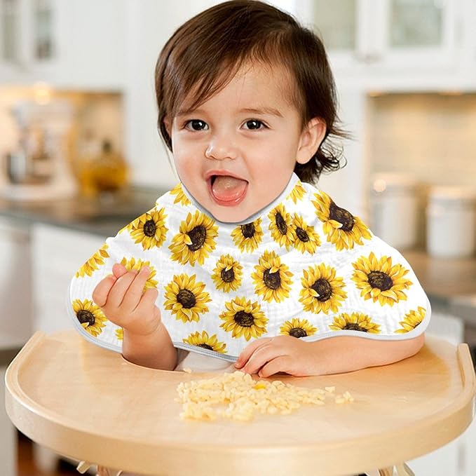 Muslin Burp Cloths for Baby Boys and Girls - 2-Pack Ultra Absorbent Sunflower Muslin Washcloths, Newborn Towel, Milk Spit Up Rags, Burp Cloth Bibs for Unisex, 22 x 11 Inch