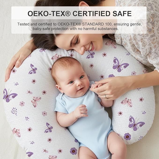 Little Grape Land Muslin Nursing Pillow Covers 2 Pack, 100% Cotton Removable Breastfeeding Pillow Covers, Feeding Pillow Slipcovers for Baby Boys & Girls, (Purple Butterfly & Purple)